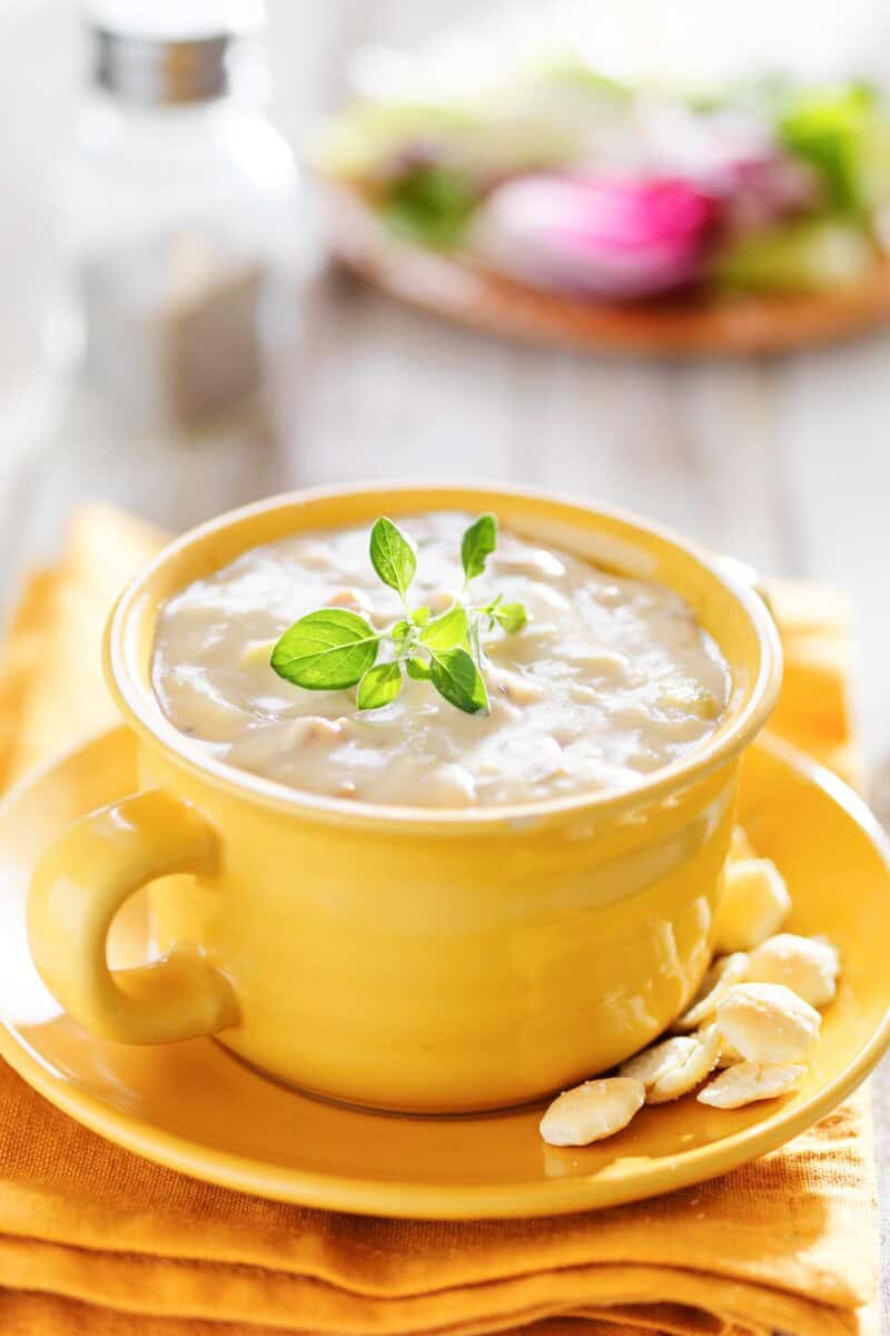Copycat Sweet Tomatoes clam chowder and oyster crackers.