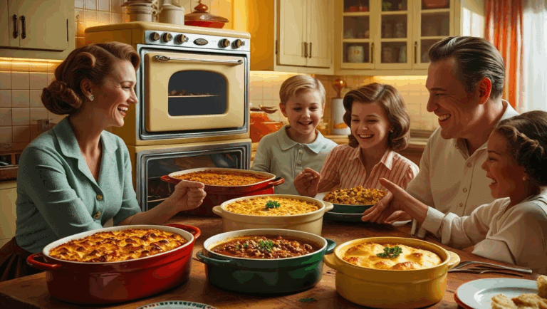 a family from the 1950s enjoying several casseroles for dinner