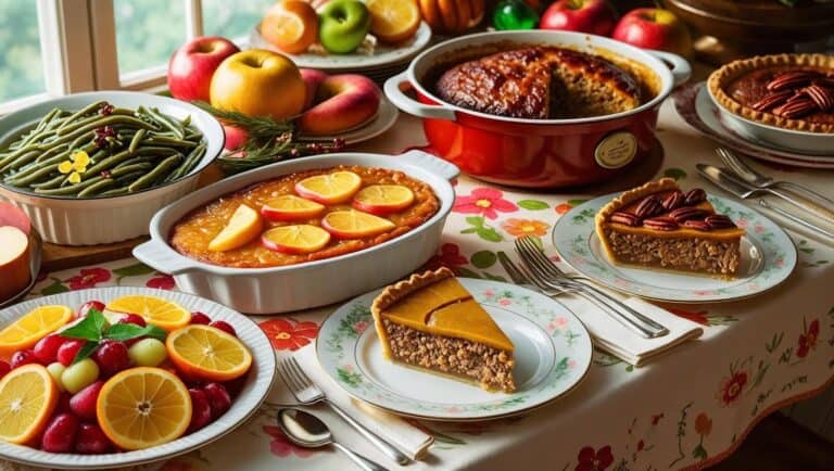 casseroles a meatloaf, and a slice of pie restingon a table