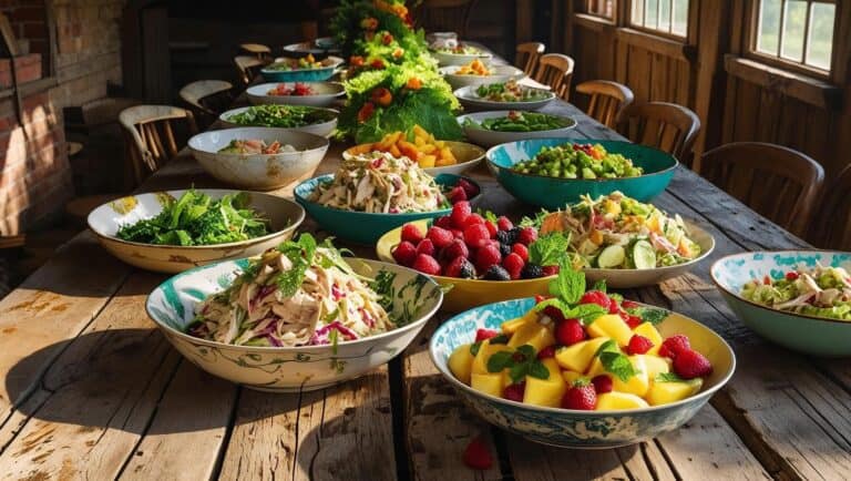 Several vintage salads on a wooden table in a rustic kitchen.