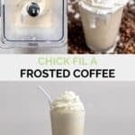 Homemade Chick-fil-A frosted coffee in a blender and tall glass.