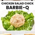Copycat chicken salad chick barbie-q chicken salad ingredients and the salad on lettuce and in a sandwich.