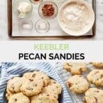 Copycat Keebler pecan sandies ingredients and the cookies on a plate and wire rack.