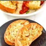 Slices of homemade Marie Callender's garlic toast on a plate and with lasagna.