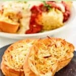 Slices of homemade Marie Callender's garlic toast on a plate and lasagna behind it.