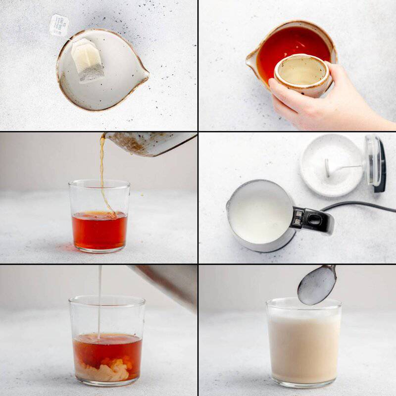 A six-panel collage showing how to make a London Fog latte. The first panels show Earl Grey tea being steeped and poured. The next panels show milk being frothed and added to the tea. The final panel shows a spoonful of foam being added as a topping.
