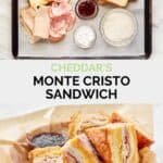 Copycat Cheddar's monte cristo ingredients and the sandwich in a serving basket.