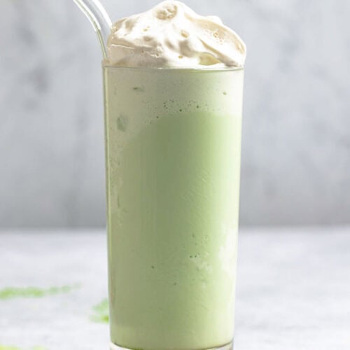 Copycat Starbucks matcha green tea frappuccino in a tall glass.