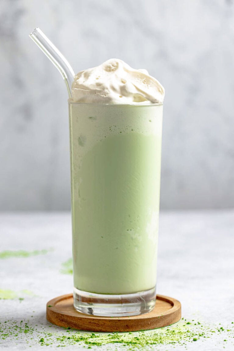 Copycat Starbucks matcha green tea frappuccino in a tall glass.