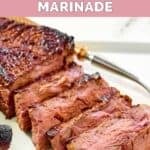 Sliced steak made with homemade steak and ale kensington club marinade on a platter.