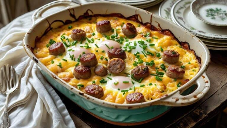 A rustic baking dish filled with golden egg and sausage casserole, garnished with fresh herbs and set on a Sunday brunch table.