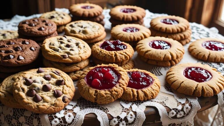 An assortment of cookies on a vintage church bake sale table, including chocolate chip, oatmeal raisin, and thumbprints with jam centers.