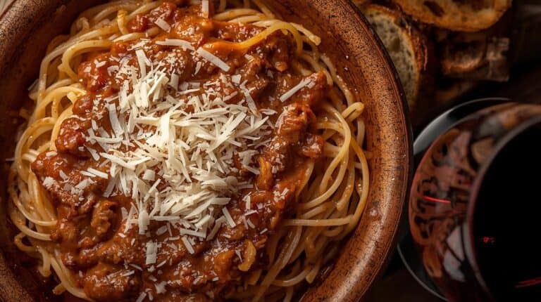A steaming bowl of spaghetti with meat sauce topped with Parmesan, surrounded by garlic bread and red wine.
