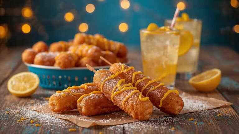 A colorful spread of funnel cake, corn dogs, and lemonade on a picnic table with festive lights in the background.