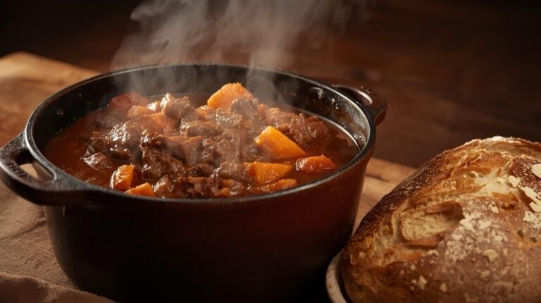 A Dutch oven filled with beef stew, with steam rising and fresh bread on the side.