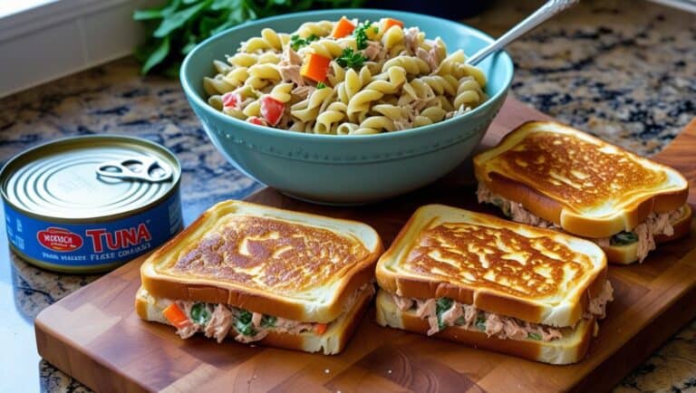 A bright kitchen counter with an open can of tuna, a tuna pasta salad in a large bowl, and tuna melts on a cutting board with melted cheese bubbling.