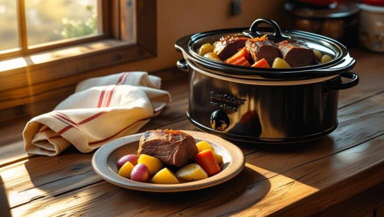 A warm and cozy kitchen counter with an open slow cooker filled with pot roast and vegetables. Include a ladle, a tea towel, and a plated serving beside it.