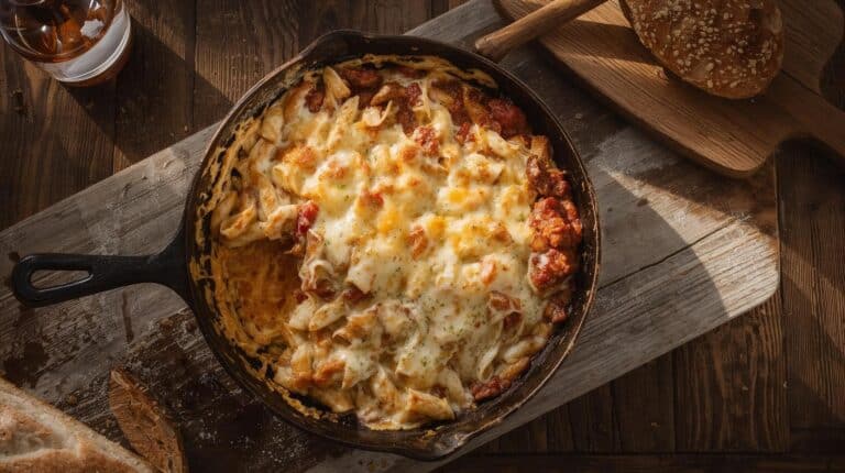 A cast-iron skillet filled with cheesy pasta bake on a wooden table with bread on the side.
