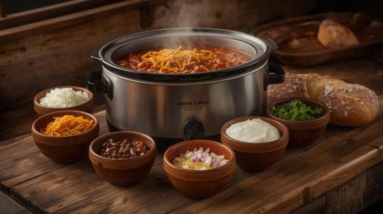 A slow cooker on a kitchen counter with ladle-ready chili, surrounded by bowls, bread, and toppings.
