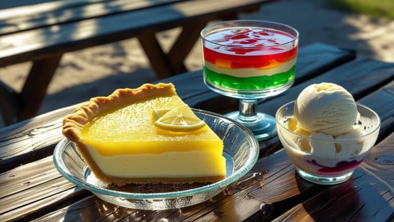 A sunny outdoor picnic scene featuring a rustic wooden picnic table. On the table, a chilled glass dish filled with a vibrant slice of lemon icebox pie, showcasing its creamy filling and buttery crust; next to it, a gleaming glass parfait overflowing with layers of colorful jello; and finally, a small glass bowl of melting ice cream, with visible condensation on all three glass dishes, reflecting the bright sunlight. The scene is rendered in a photorealistic style, with a focus on the textures and light.