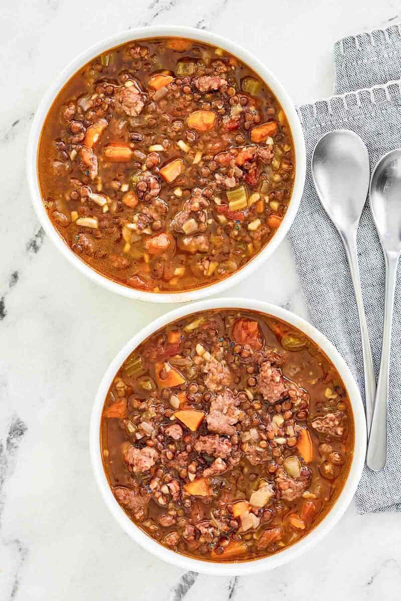 Two bowls of copycat Carrabba's sausage lentil soup.