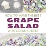 Grape salad with cream cheese ingredients and the salad on a platter.