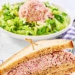 Homemade ham salad on lettuce and in a sandwich.