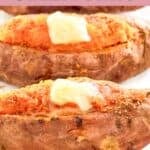 Two homemade Outback Steakhouse baked sweet potatoes with honey butter and brown sugar.