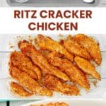 Ritz cracker chicken ingredients and the chicken on a plate.