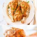 Homemade roasted turkey legs on a plate.