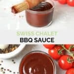Homemade Swiss Chalet BBQ sauce in a bowl, tomatoes, and peppercorns.