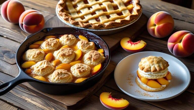 A variety of peach desserts resting on a rustic table