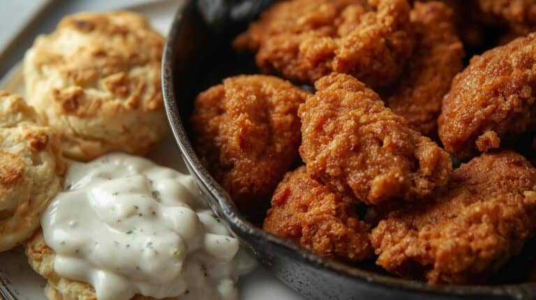 A skillet of golden fried chicken with biscuits and gravy on the side.