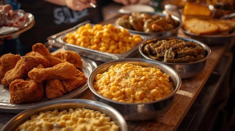 A church potluck table filled with fried chicken, mac and cheese, collard greens, and cornbread.