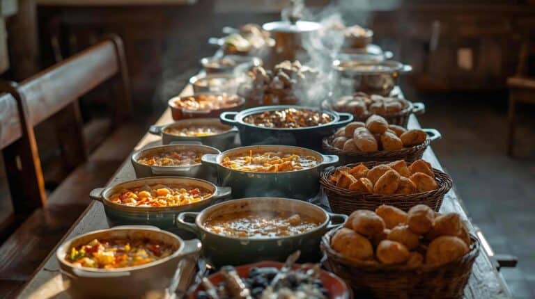 A long church potluck table filled with bubbling casseroles, soups, and baskets of bread.