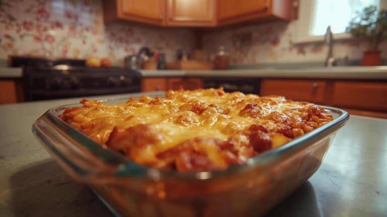 A vintage Pyrex dish filled with baked ziti, with melted cheese bubbling on top.