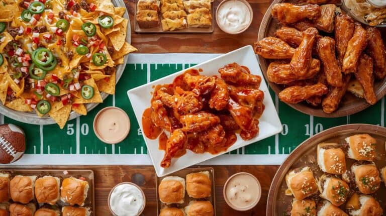 A football-themed table filled with nachos, sliders, wings, and dips.
