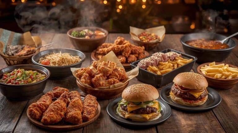 A spread of homemade copycat dishes like fried chicken, noodles, burgers, and fries on a casual dinner table.