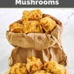 Homemade Fat Ronnie's deep fried mushrooms in front of and in a paper bag.
