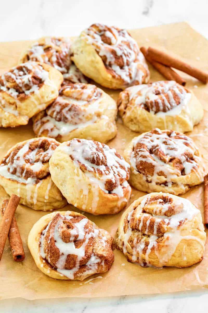 Copycat IKEA cinnamon rolls on parchment paper.
