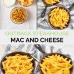 Copycat Outback Steakhouse mac and cheese ingredients and servings in cast iron skillets.