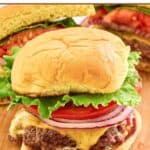 Two homemade Smashburger classic smash burgers and one cut in half.