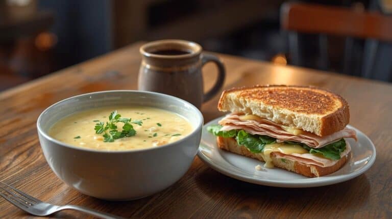 A steaming bowl of broccoli cheddar soup beside a sandwich and coffee cup on a cozy café table.