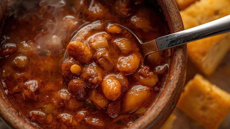 A close-up, overhead shot of a rustic ceramic bowl filled with hearty, simmering chili, its surface emitting wisps of steam. Beside the bowl are golden-brown, crumbly cornbread squares, and a gleaming metal ladle rests gracefully on the edge, ready to serve. The scene is captured with a shallow depth of field, focusing on the textures and warmth of the food.