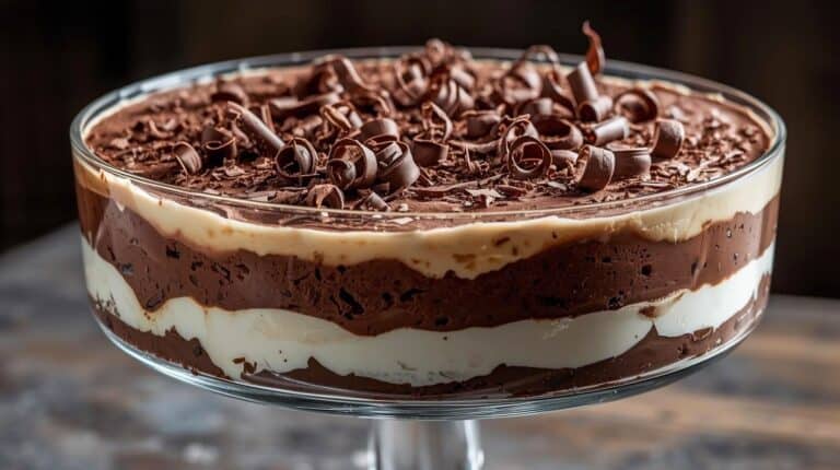 A layered chocolate and cream dessert in a glass dish topped with chocolate curls.
