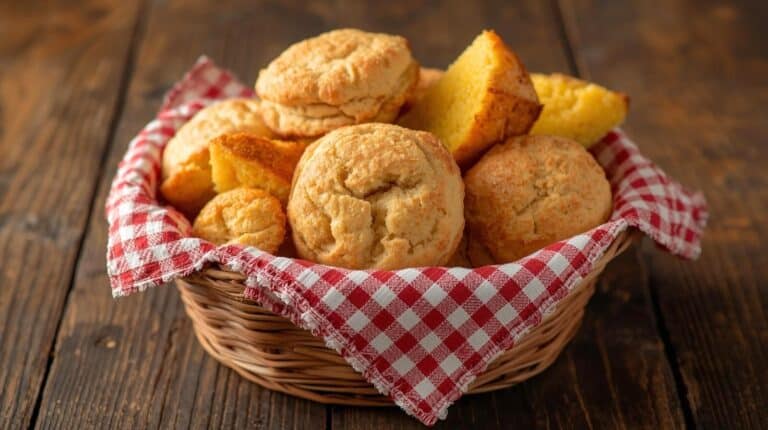 A basket lined with a gingham napkin filled with golden buttermilk biscuits and cornbread wedges on a rustic wooden table.