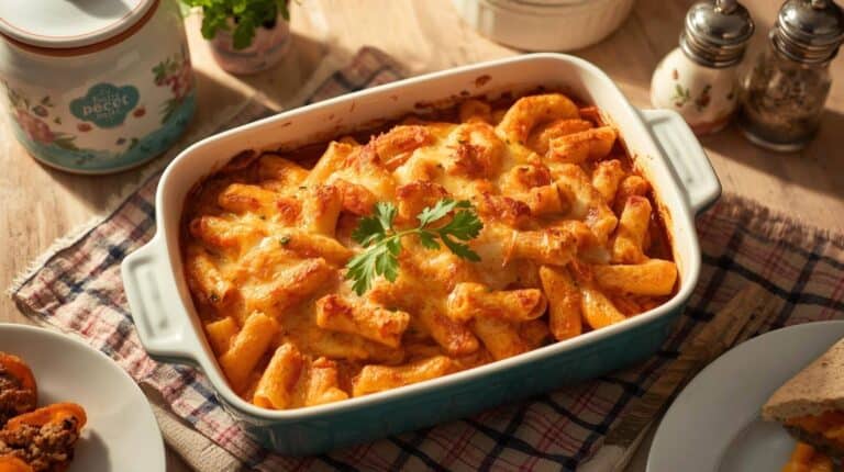 A vintage Pyrex dish filled with cheesy baked ziti surrounded by retro kitchen decor.