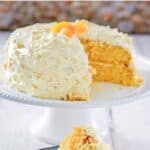 Old-fashioned ambrosia cake on a cake stand and a slice on a plate.