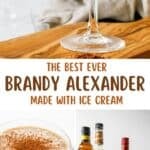 Homemade Brandy Alexander cocktail in coupe glasses and the ingredients.