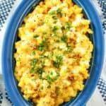 Homemade Brookville Hotel creamed corn in an oval serving dish.